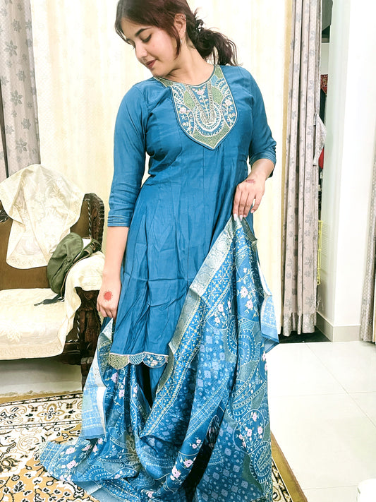 Blue Anarkali Set with Printed Dupatta