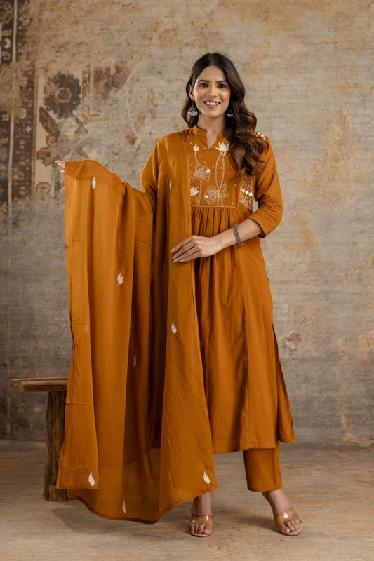 Rust Orange/ Brown  Embroidered Cotton Kurta Set with Dupatta