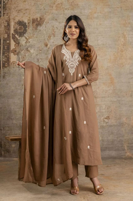 Coffee Brown Embroidered Kurta Set