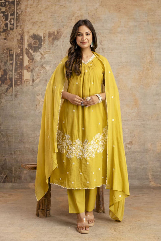 Yellow Embroidered Straight Kurta Set with Dupatta