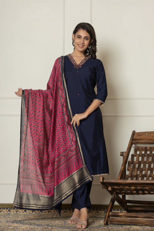 Navy Blue Floral Print Straight Kurta Set with a Printed Dupatta.