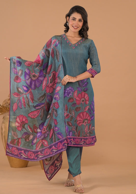 Blue Floral Embroidered and Embellished Maslin Suit Set.