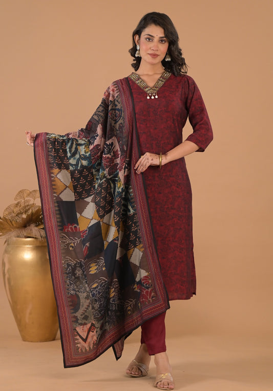 Maroon Floral Print Straight Kurta Set with a Printed Dupatta.