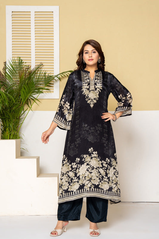 Black & Beige Floral Embroidered Kurta Set