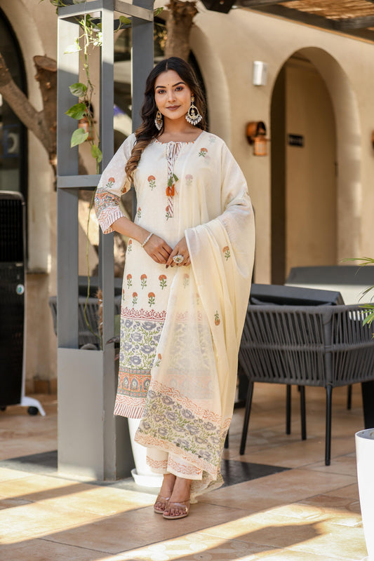Cream Printed Kurta Set with Dupatta