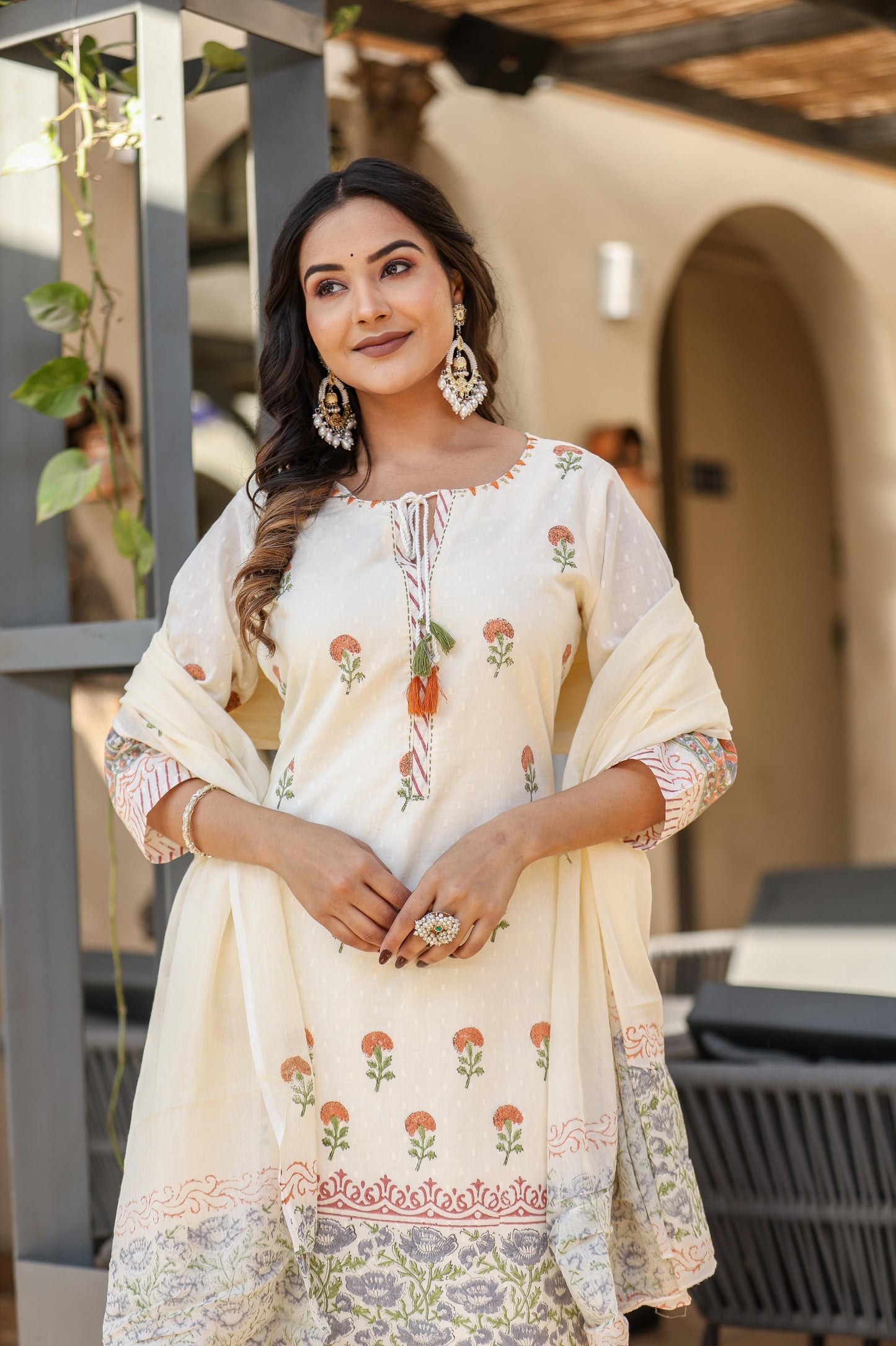 Cream Printed Kurta Set with Dupatta