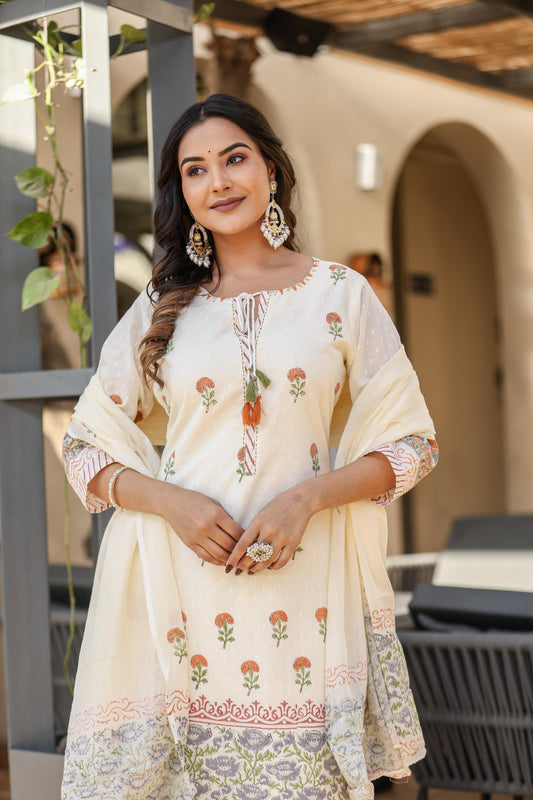 Cream Printed Kurta Set with Dupatta