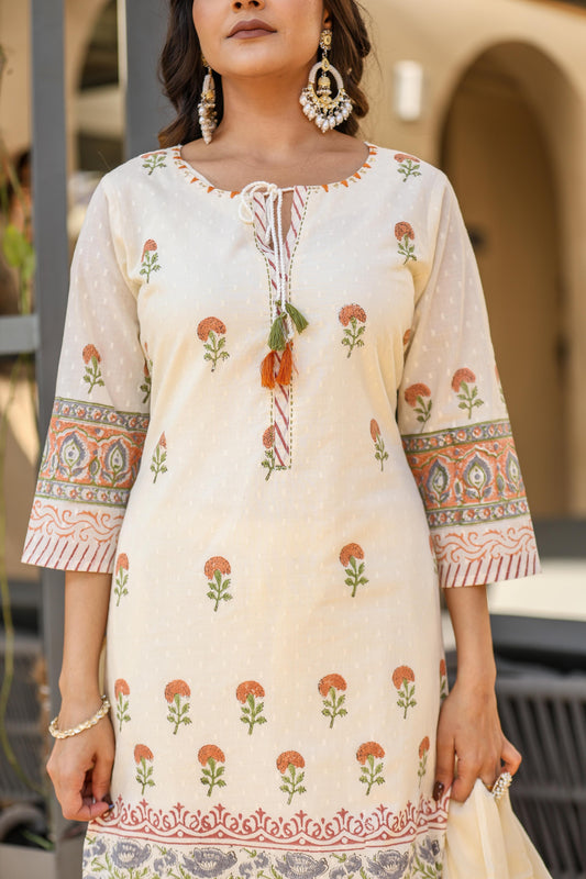 Cream Printed Kurta Set with Dupatta