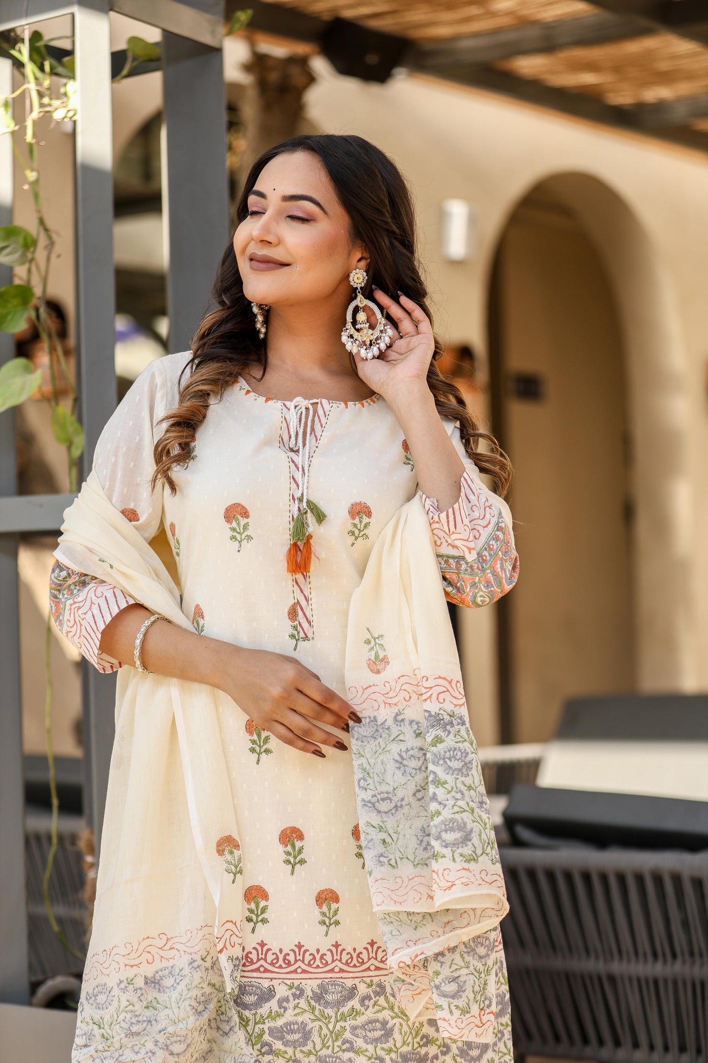 Cream Printed Kurta Set with Dupatta