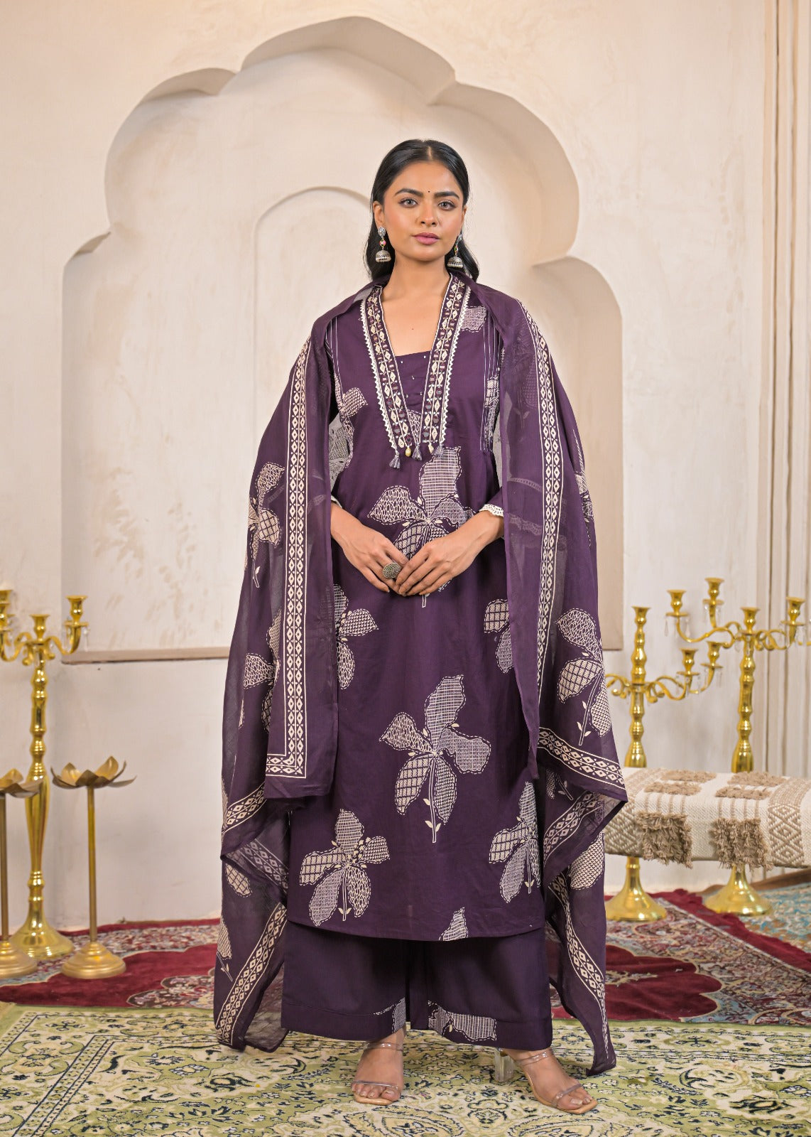 Deep Purple/Hot Pink  Printed Kurta Set with Dupatta