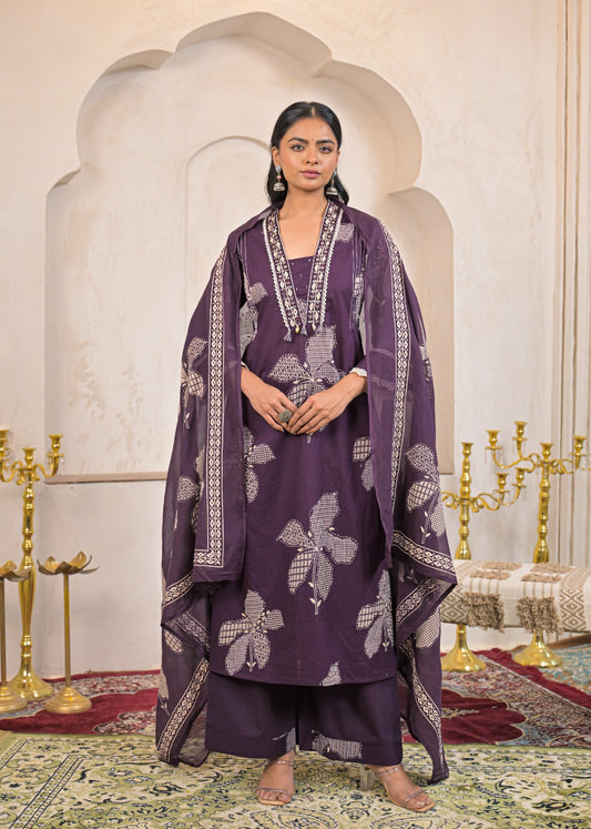 Deep Purple/Hot Pink  Printed Kurta Set with Dupatta