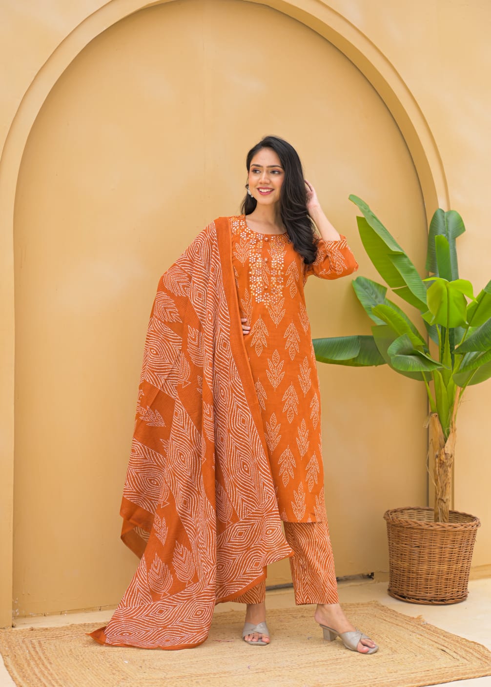 Orange Bandhani Pure Cotton Straight 3 Piece Set
