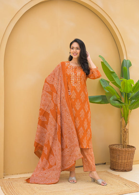 Orange Bandhani Pure Cotton Straight 3 Piece Set