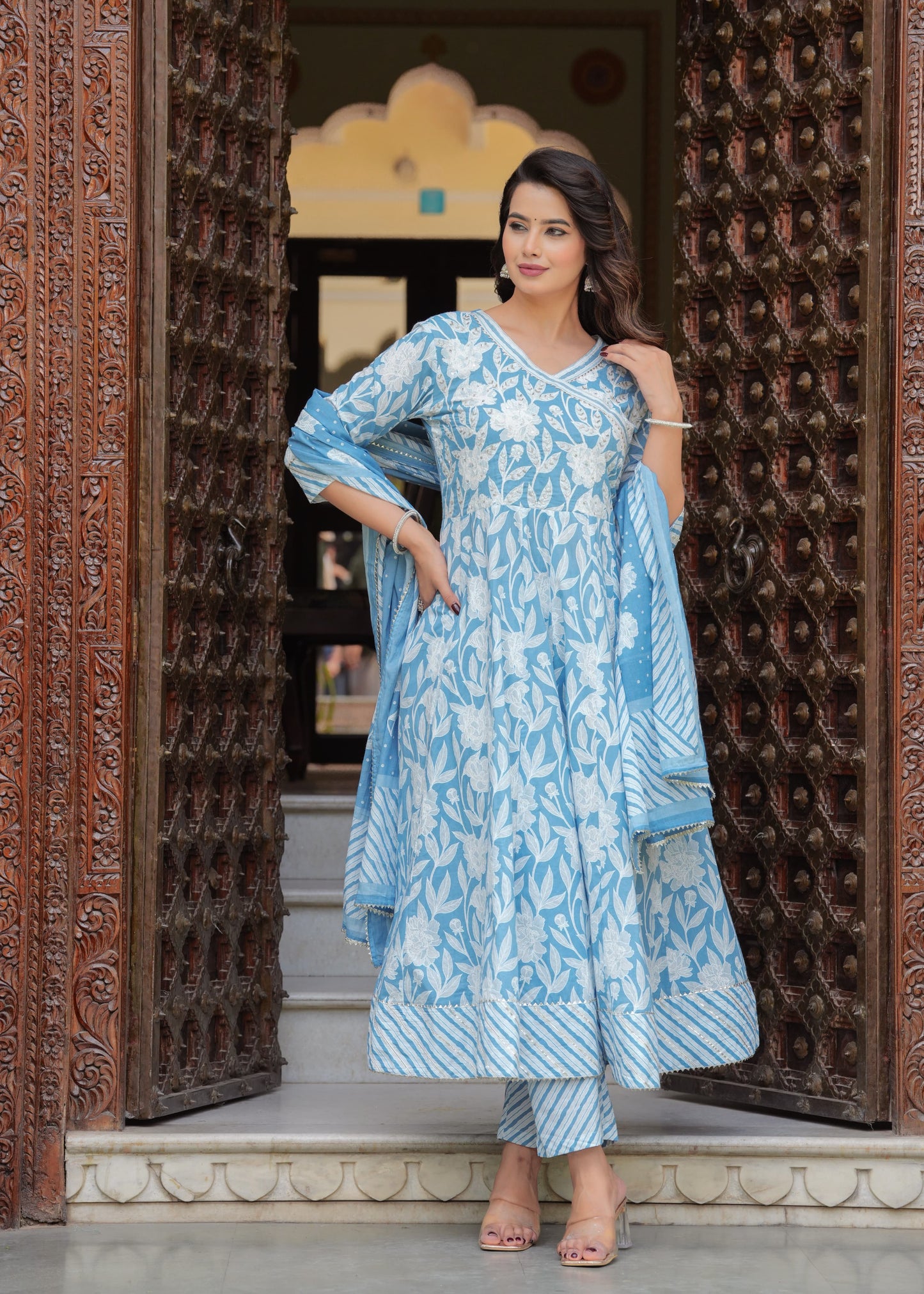 Cotton Floral Embroidered Angrakha Anarkali Set