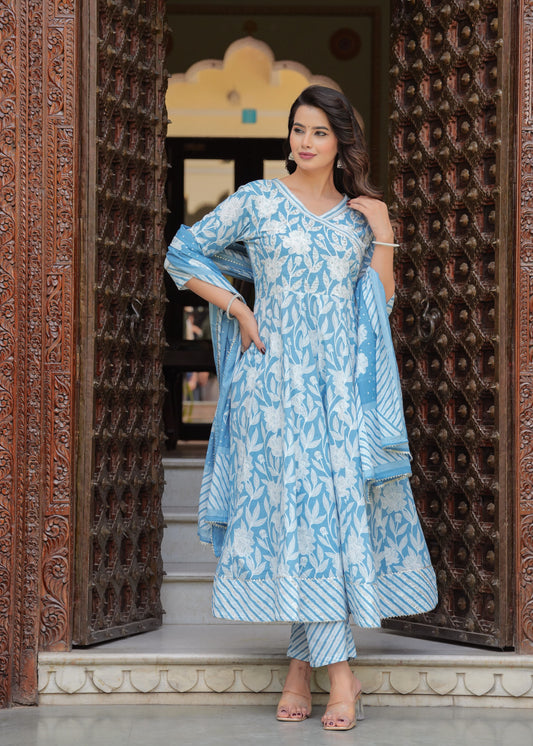 Cotton Floral Embroidered Angrakha Anarkali Set