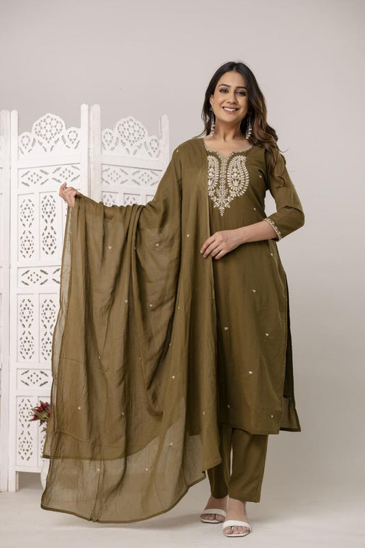 Olive Green Cotton Kurta Set with White Embroidery & Dupatta