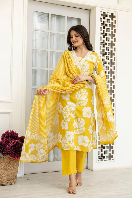 Yellow Flower Printed Suit