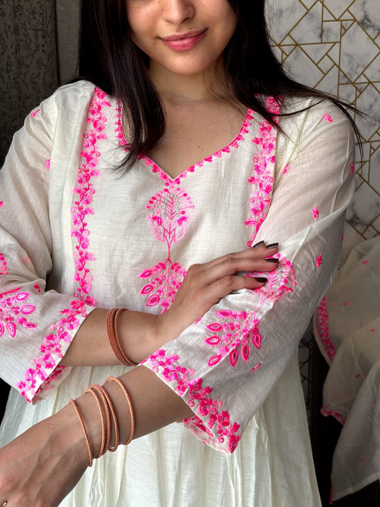 Off-White and Pink Embroidered Kurta Set