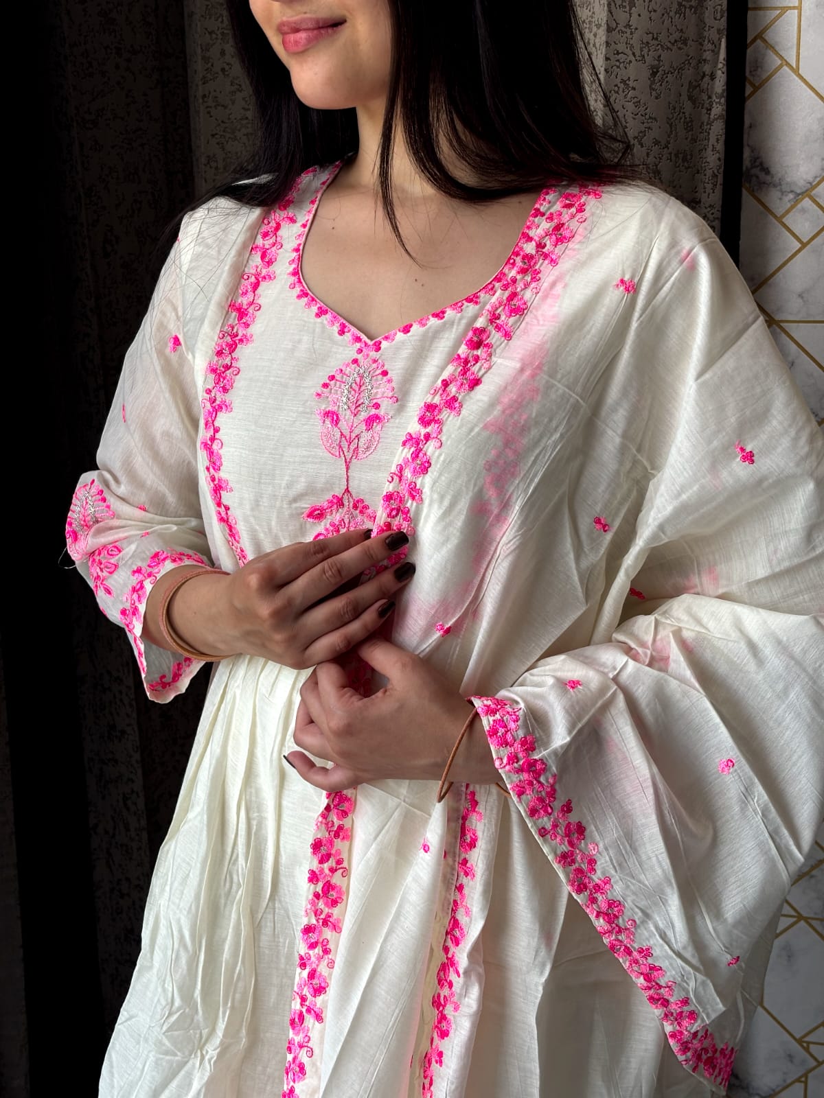 Off-White and Pink Embroidered Kurta Set