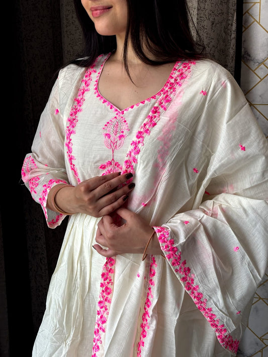 Off-White and Pink Embroidered Kurta Set