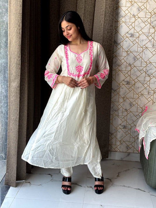 Off-White and Pink Embroidered Kurta Set
