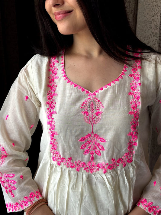 Off-White and Pink Embroidered Kurta Set