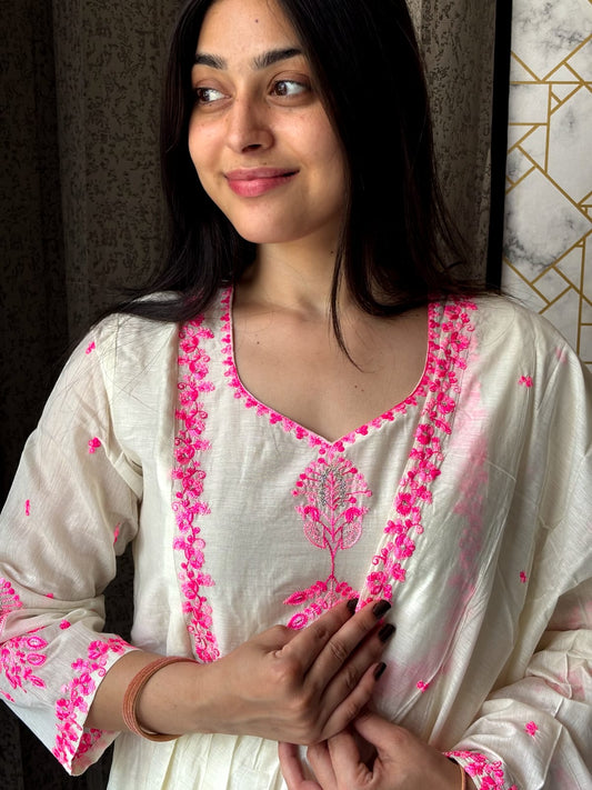 Off-White and Pink Embroidered Kurta Set