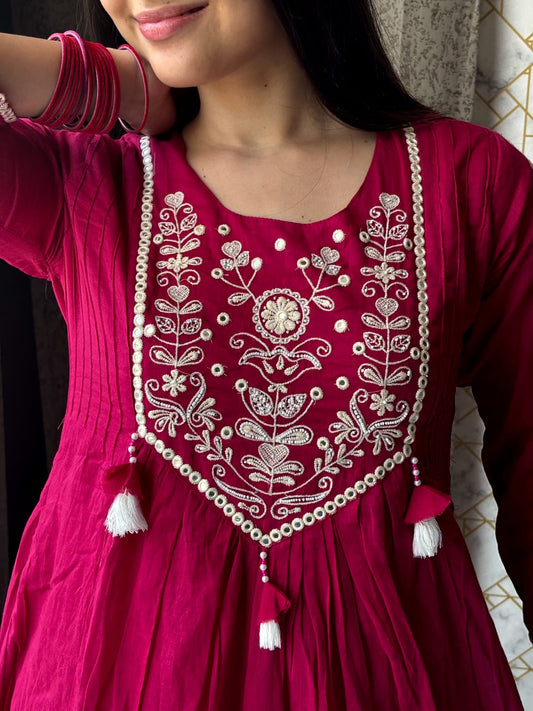Magenta Anarkali Set with White Embroidery