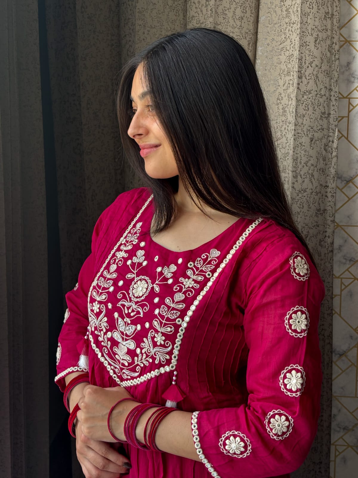 Magenta Anarkali Set with White Embroidery