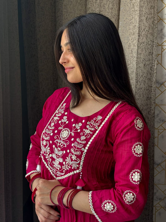 Magenta Anarkali Set with White Embroidery