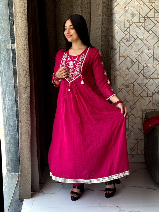 Magenta Anarkali Set with White Embroidery