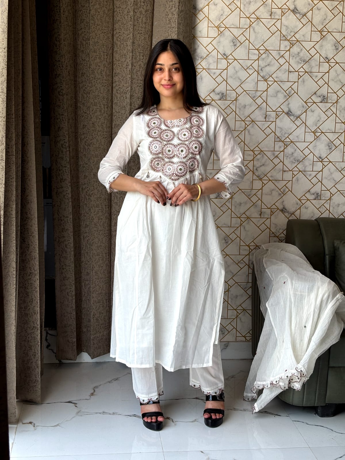 White Kurta Set with Mirror Embroidery