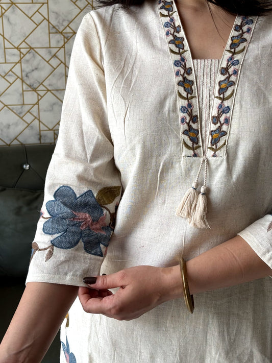 Ivory Kurta Set with Floral Dupatta