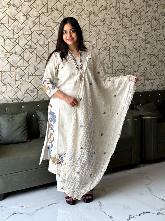 Ivory Kurta Set with Floral Dupatta