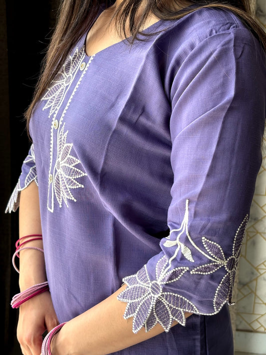 Purple Embroidered Straight Kurta Set