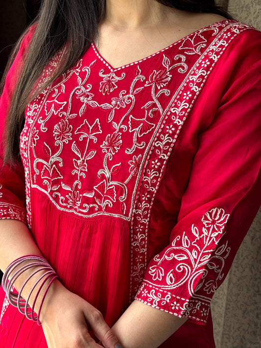 Red Anarkali Style Kurta Set