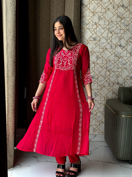 Red Anarkali Style Kurta Set