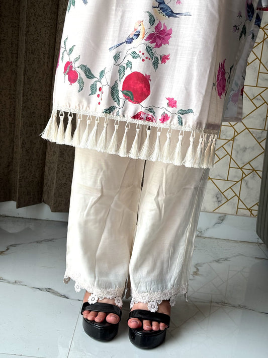 White Floral Printed Suit with Dupatta