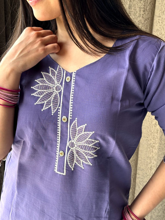 Purple Embroidered Straight Kurta Set