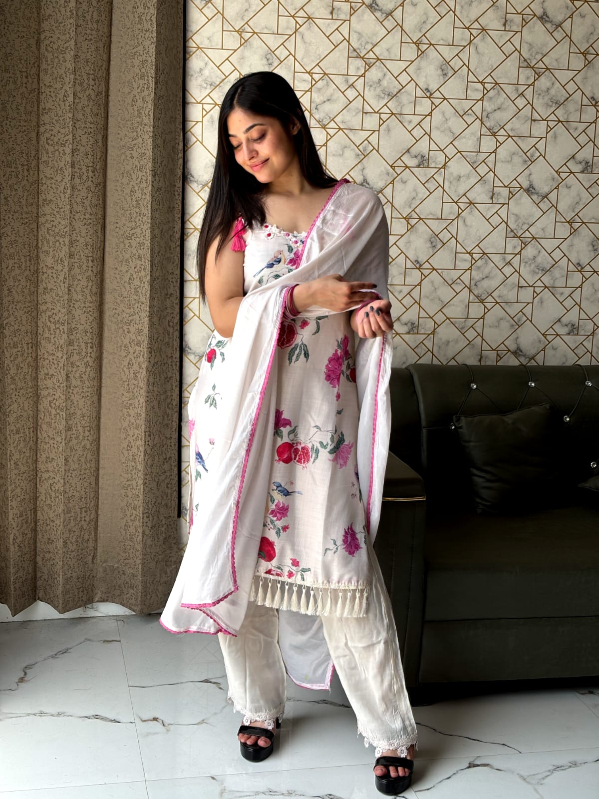 White Floral Printed Suit with Dupatta