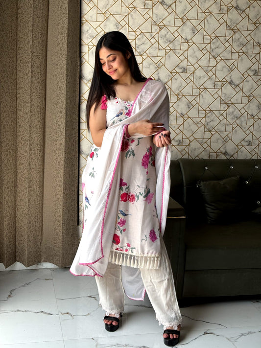 White Floral Printed Suit with Dupatta