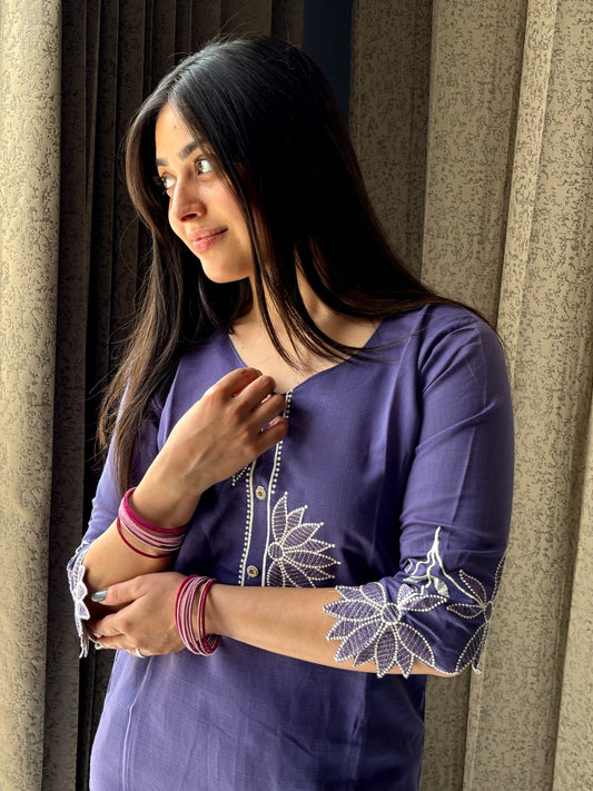 Purple Embroidered Straight Kurta Set