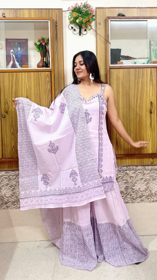 Lavender Block Printed Sharara Set