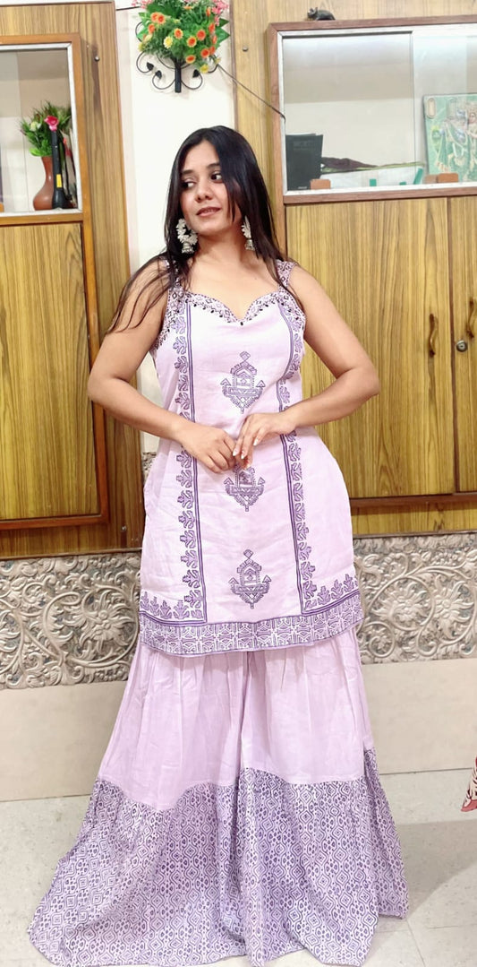 Lavender Block Printed Sharara Set