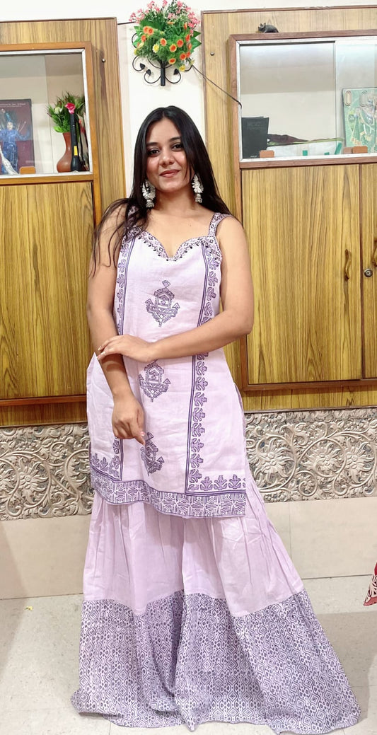 Lavender Block Printed Sharara Set