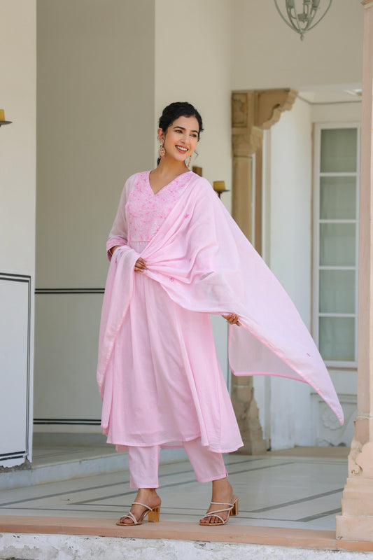 Blush Pink Chikankari Anarkali Set with Dupatta