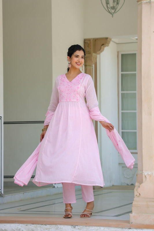 Blush Pink Chikankari Anarkali Set with Dupatta