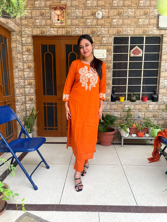 Bold Orange Kurta Set with Embroidered Yoke