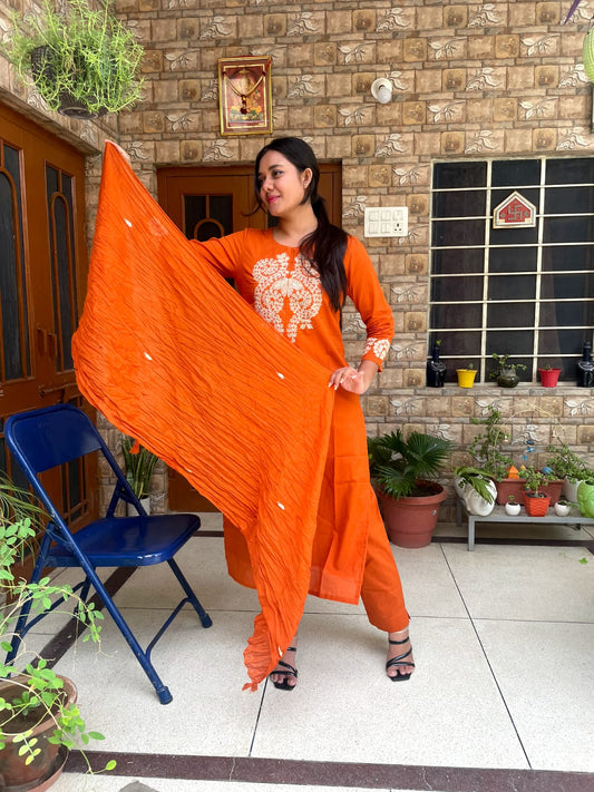 Bold Orange Kurta Set with Embroidered Yoke