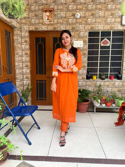 Bold Orange Kurta Set with Embroidered Yoke